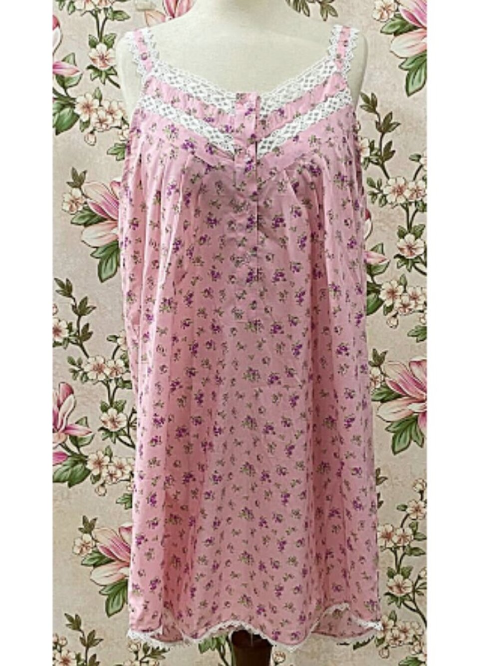SoieRose 100% Cotton Pink Ditsy Floral Victorian Lace Trim Nightgown - SR1289